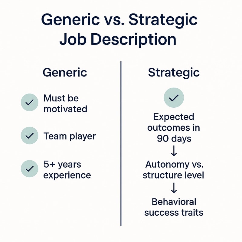 A side-by-side infographic titled "Generic vs. Strategic Job Description" comparing two styles of job listings. The left column, labeled "Generic," includes vague phrases like "Must be motivated," "Team player," and "5+ years experience." The right column, labeled "Strategic," features specific, goal-oriented elements such as "Expected outcomes in 90 days," "Autonomy vs. structure level," and "Behavioral success traits." The design uses a minimalist style with dark navy text, soft teal check icons, and a clean white background divided by a vertical line. ChatGPT fragen