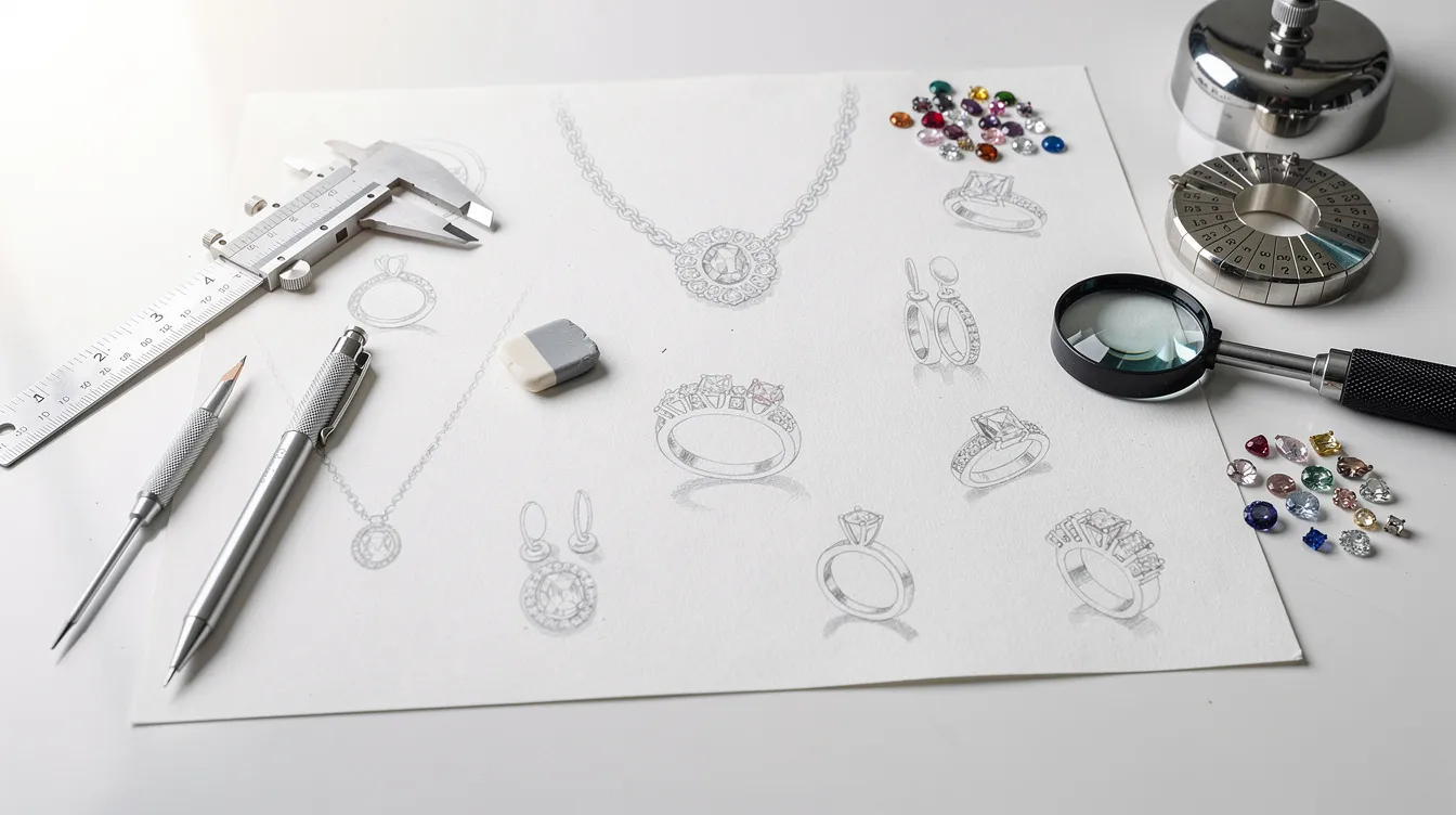 The image features intricate jewelry design sketches displayed alongside professional jeweler's tools, highlighting the craftsmanship involved in creating custom jewelry pieces. This setup showcases the artistry and quality that goes into designing elegant rings, necklaces, and bracelets for special occasions.