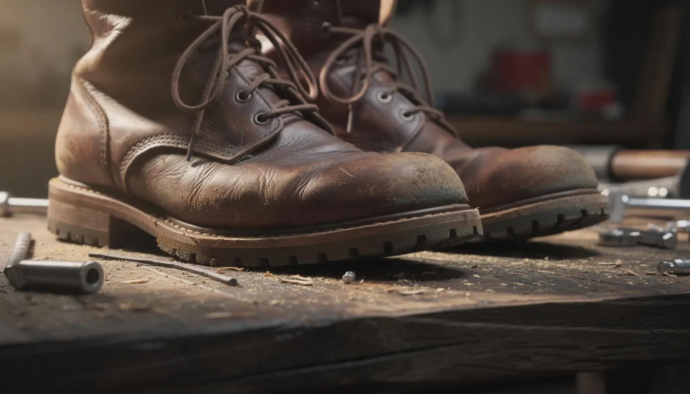 The image shows a close-up of worn leather work boots resting on a wooden workbench, highlighting the rich texture of the leather fibers. The scene suggests the need for a quality leather conditioner to nourish and protect these durable leather shoes.