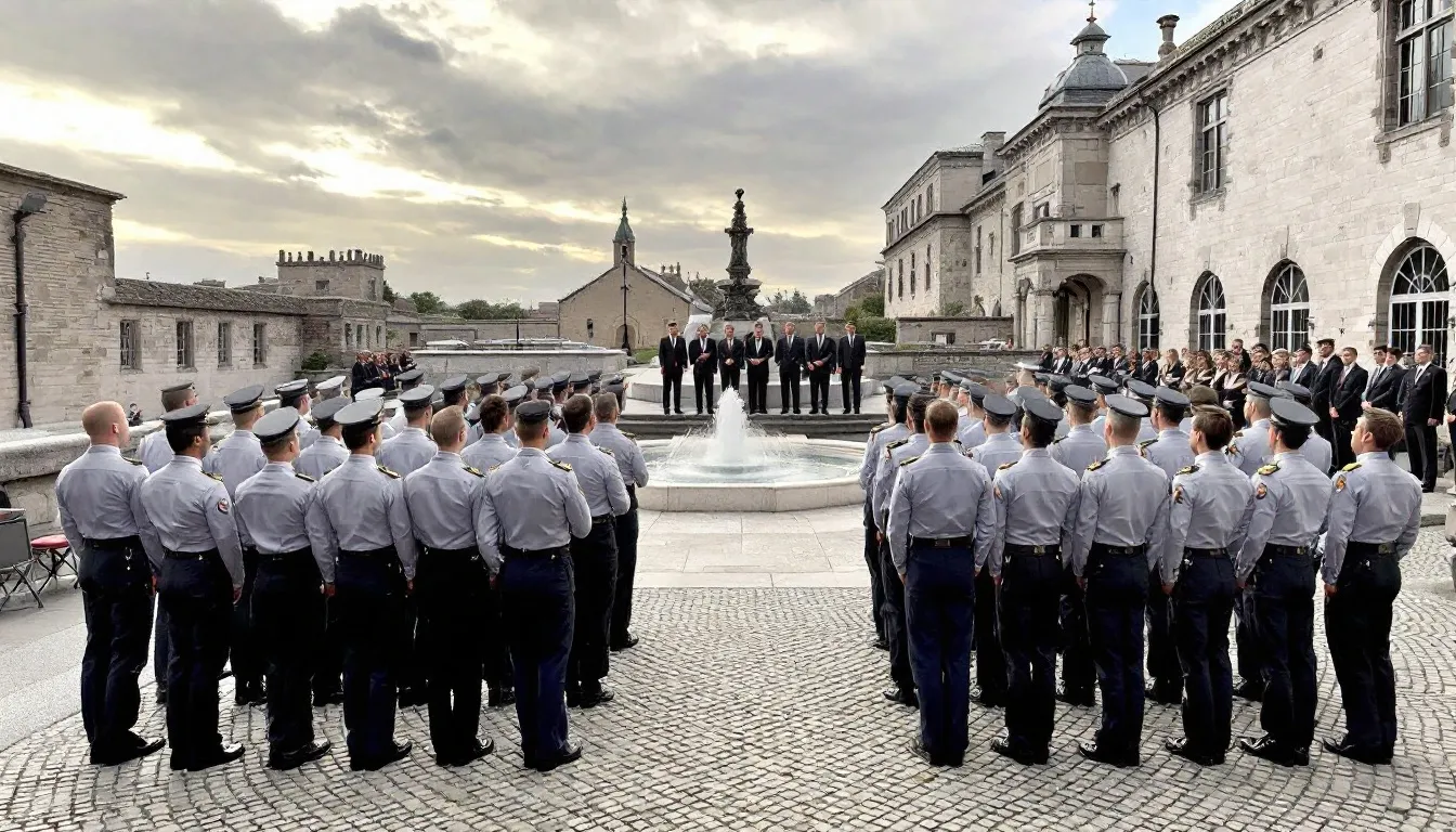 Immagine della cerimonia di giuramento degli allievi ufficiali nel cortile del Palazzo Ducale, dove i futuri ufficiali dell'Accademia Militare di Modena indossano uniformi formali e giurano fedeltà all'esercito italiano, circondati da alti ufficiali e bandiere.