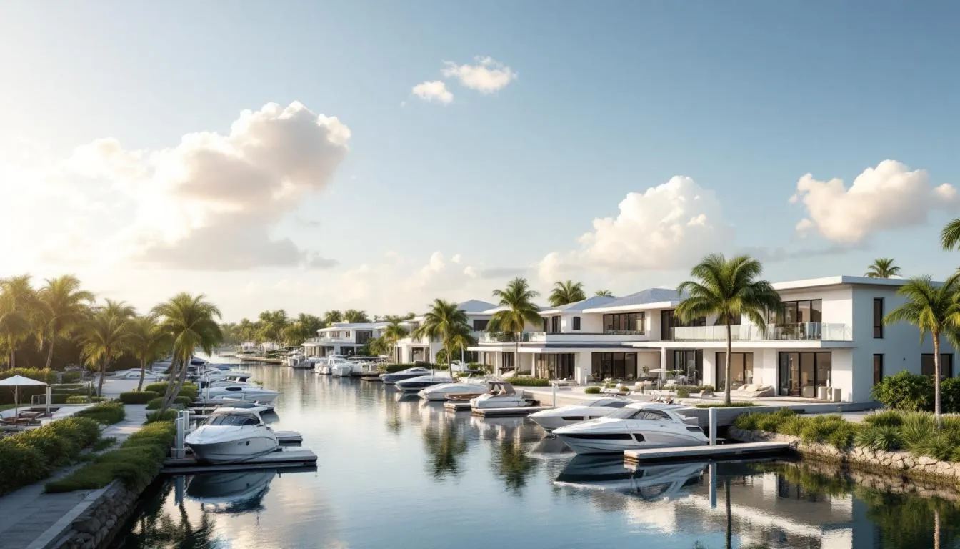 The image showcases luxury waterfront homes nestled along the serene canals of Naples Bay, featuring private boat docks that offer direct access for boating enthusiasts. This prestigious Royal Harbor community exemplifies refined waterfront living, with stunning new constructions and exceptional properties perfect for those seeking a premier waterfront lifestyle.