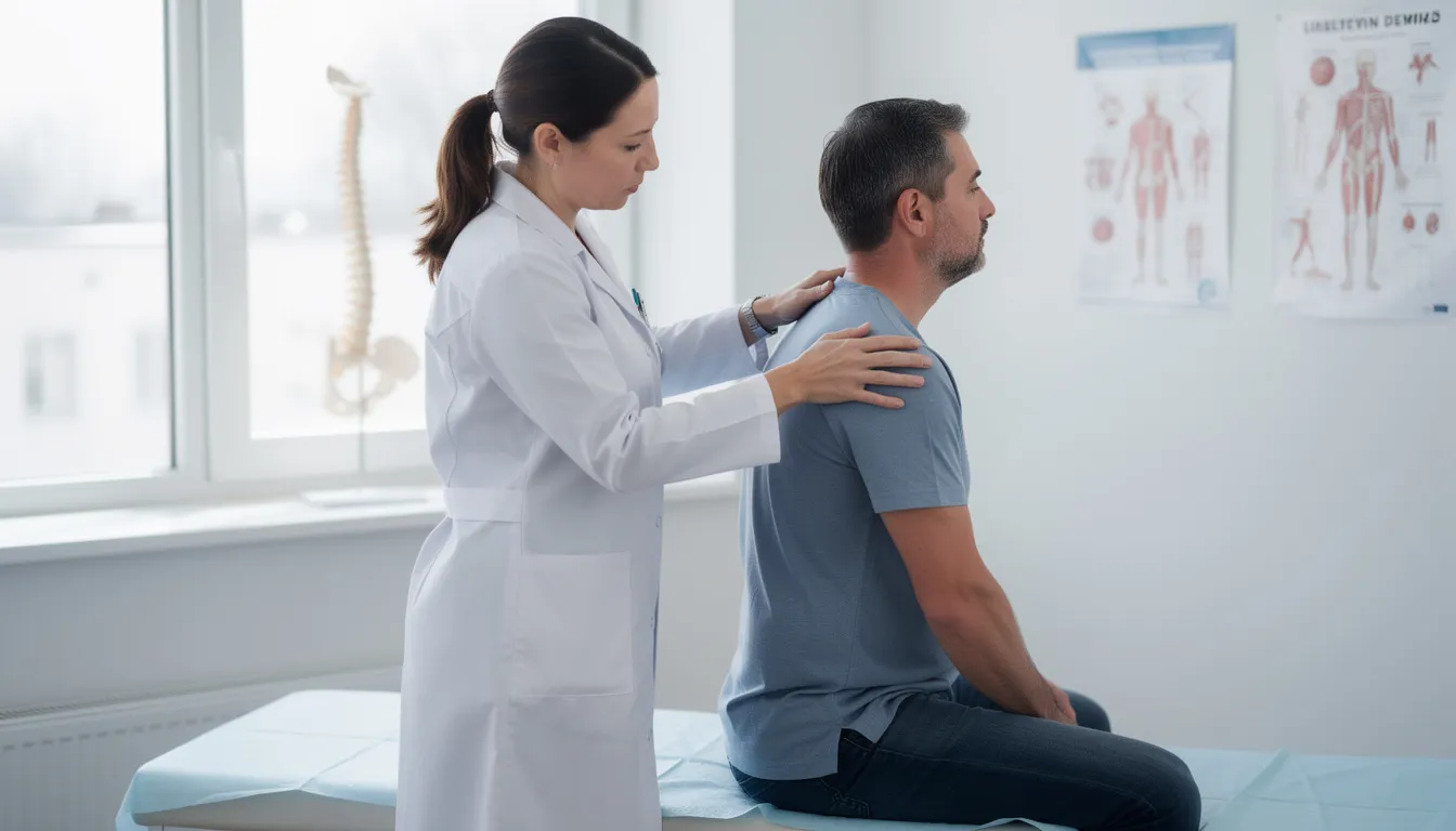 A doctor is examining a patient's neck and shoulder area in a medical office, focusing on potential delayed symptoms following a car accident. The examination aims to identify any underlying injuries that could lead to chronic pain or other physical symptoms.