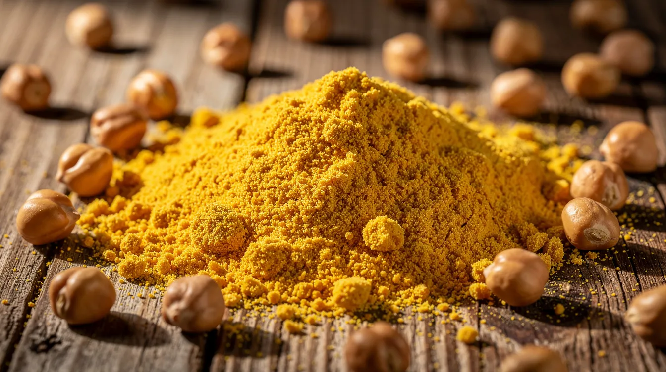 A close-up view showcases golden gram flour, known as besan, alongside whole Bengal gram chickpeas on a rustic wooden surface. This image highlights the essential raw materials used in the food processing industry, particularly in the production of chickpea flour and other staple ingredients for various cuisines.