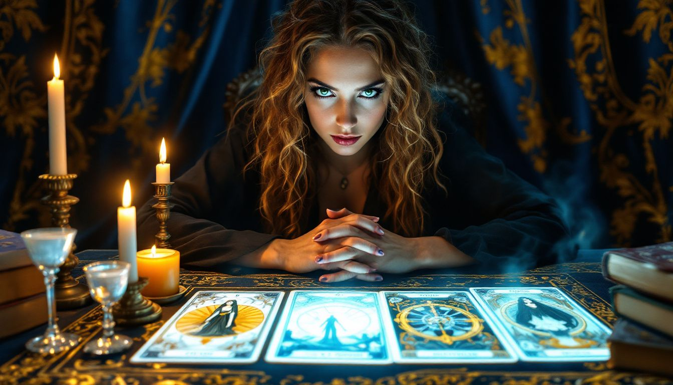 A tarot reader interpreting a spread of tarot cards.