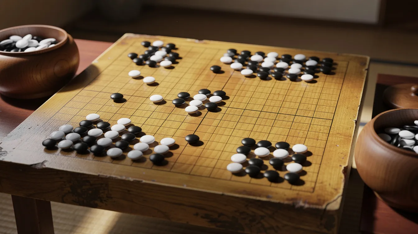 The image features a wooden Go board with black and white stones strategically placed in a mid-game position, showcasing the ongoing battle for opposing territory between two equal teams. This traditional game, enjoyed by players around the world, highlights the strategic depth and cultural significance of board games.