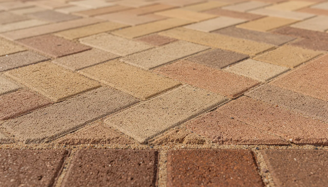 The image shows a close-up view of interlocking concrete pavers in earthy tones, featuring a decorative border that enhances the aesthetic appeal. This paving material is an excellent choice for driveways, providing a solid foundation while allowing for proper drainage in Auckland's unique climate.