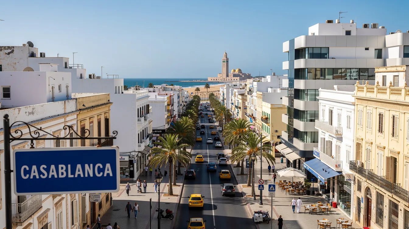 A imagem retrata a vibrante cidade de Casablanca, em Marrocos, com seus edifícios modernos e tradicionais, incluindo a famosa mesquita Hassan II, que se destaca à beira-mar. Ao fundo, o céu azul contrasta com as cores das casas e o movimento dos viajantes nas ruas, refletindo a rica cultura e história da cidade.