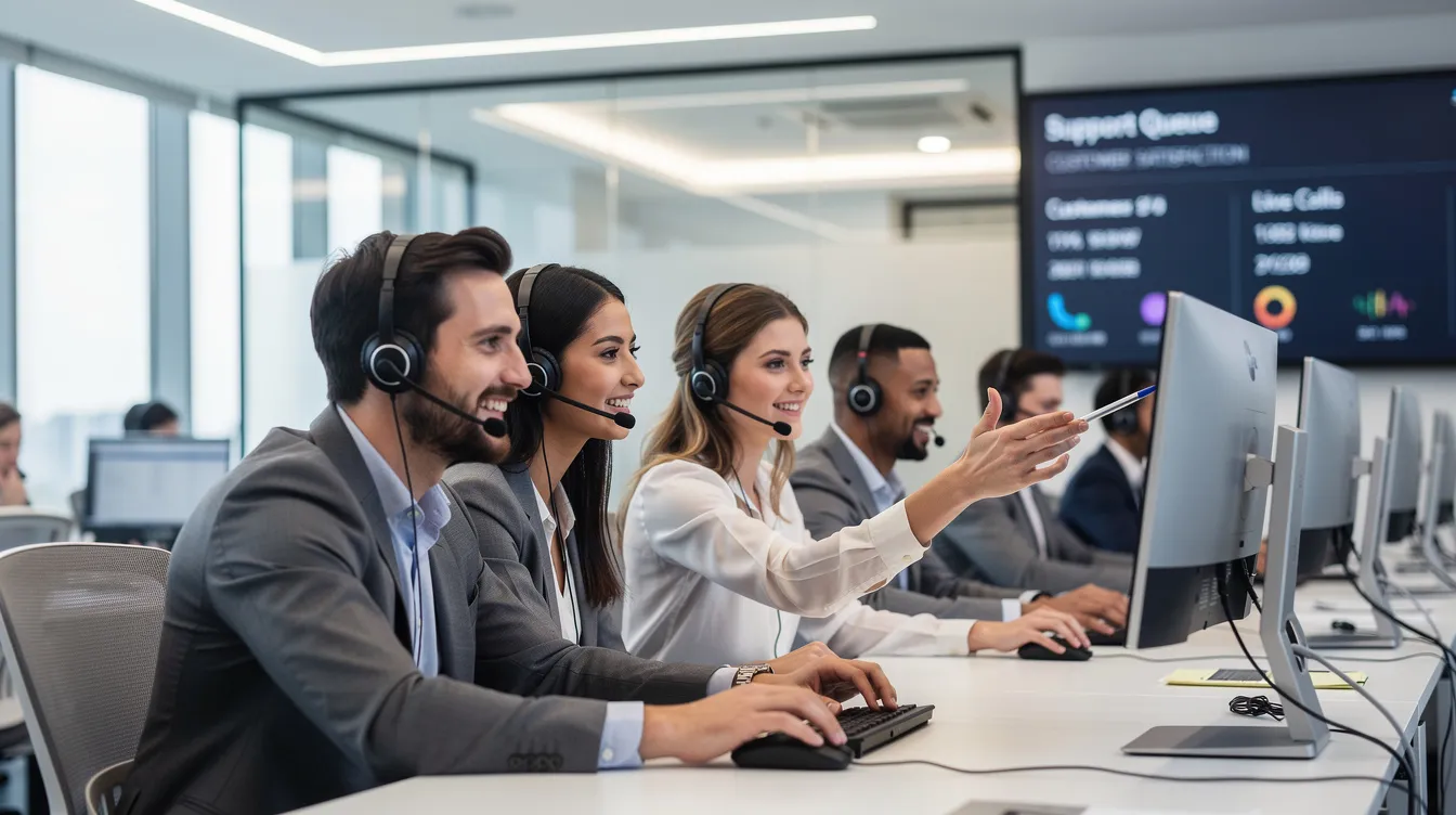The image depicts a diverse group of professionals collaborating in a modern call center, each wearing headsets and engaged in conversation. This environment reflects teamwork and communication, essential for handling personal injury claims and providing support to injury victims navigating their cases.