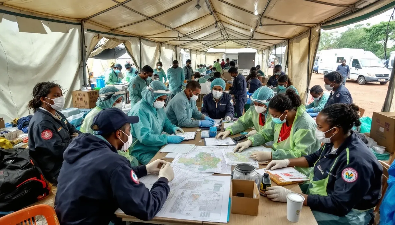A diverse team of international health workers is actively coordinating emergency response efforts in a community affected by an infectious disease outbreak. They are collaborating on action plans to improve public health and address health disparities while supporting local organizations and stakeholders in their mission to enhance health equity and prevention strategies.