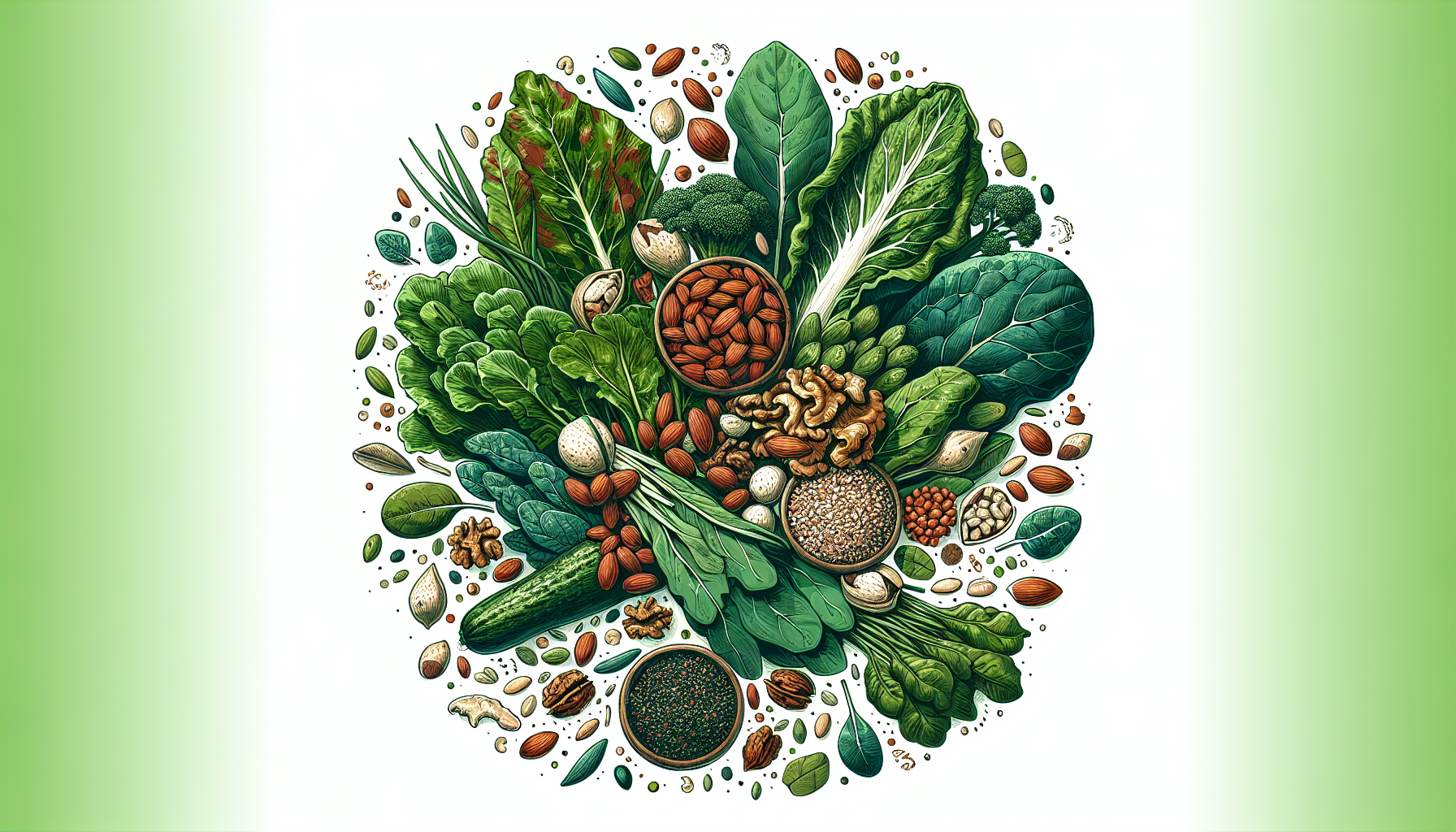 Illustration of nutrient-dense foods like leafy greens, nuts, and seeds