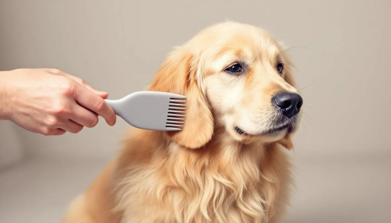 A miniature golden retriever is being gently brushed, showcasing proper grooming techniques that highlight its soft fur and affectionate nature. The scene emphasizes the importance of regular grooming for maintaining the health and appearance of mini golden retrievers.