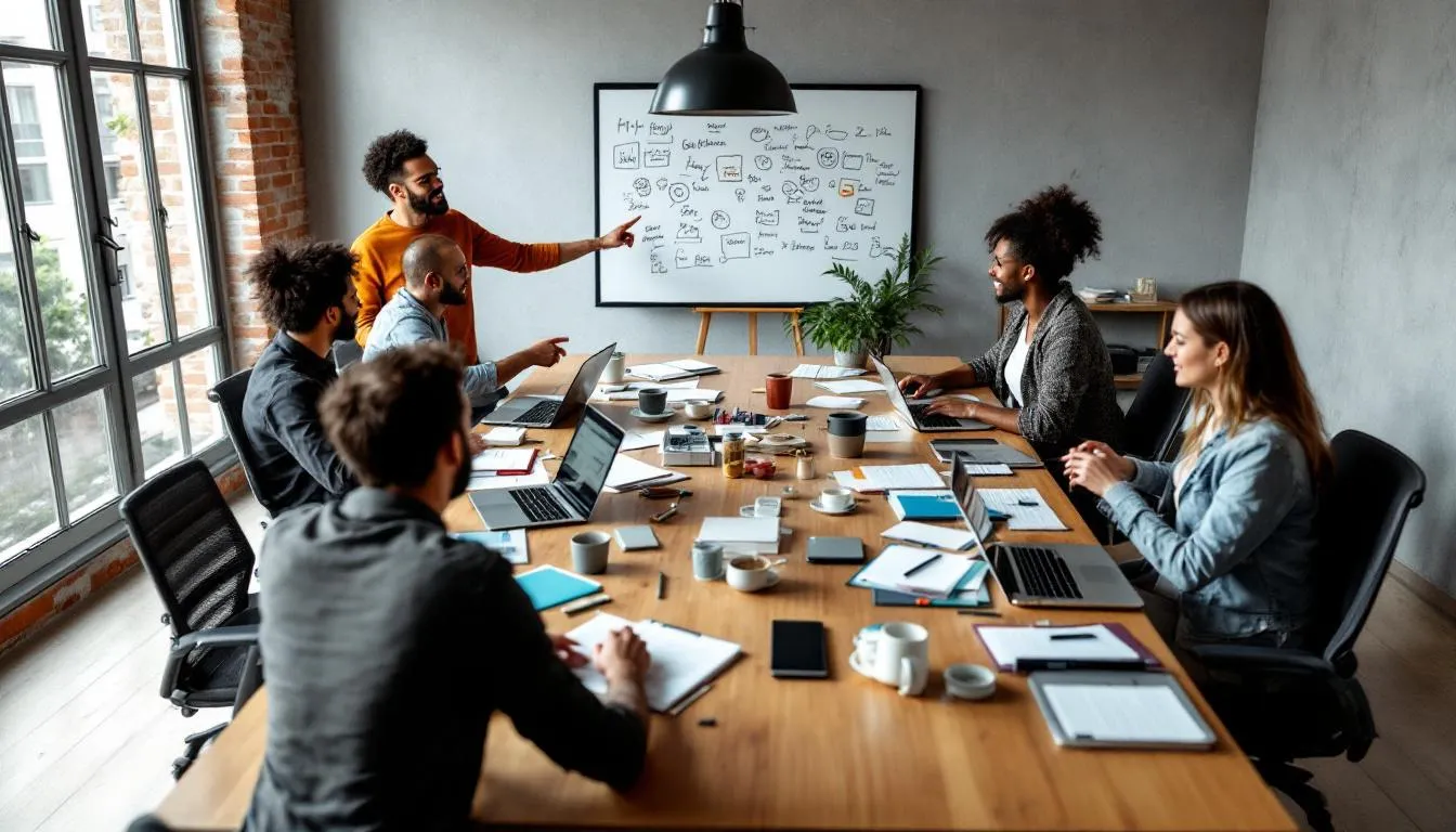 A diverse team of content creators is collaborating around a conference table, equipped with laptops and notebooks, discussing strategies for creating high-quality content and repurposing existing content for various social media platforms. They are focused on developing a content marketing strategy that targets their audience effectively through multiple formats and channels.