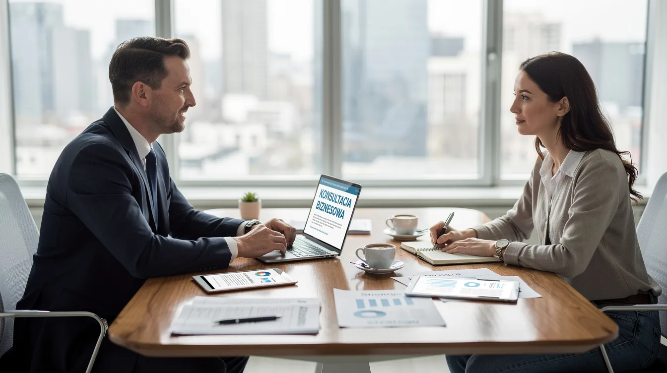 Na obrazie przedstawione jest spotkanie biznesowe, podczas którego konsultant agencji reklamowej rozmawia z klientem na temat możliwości współpracy w zakresie działań marketingowych. W tle widoczne są notatki oraz laptop, co sugeruje, że omawiane są cele marketingowe oraz strategia działania w mediach społecznościowych.