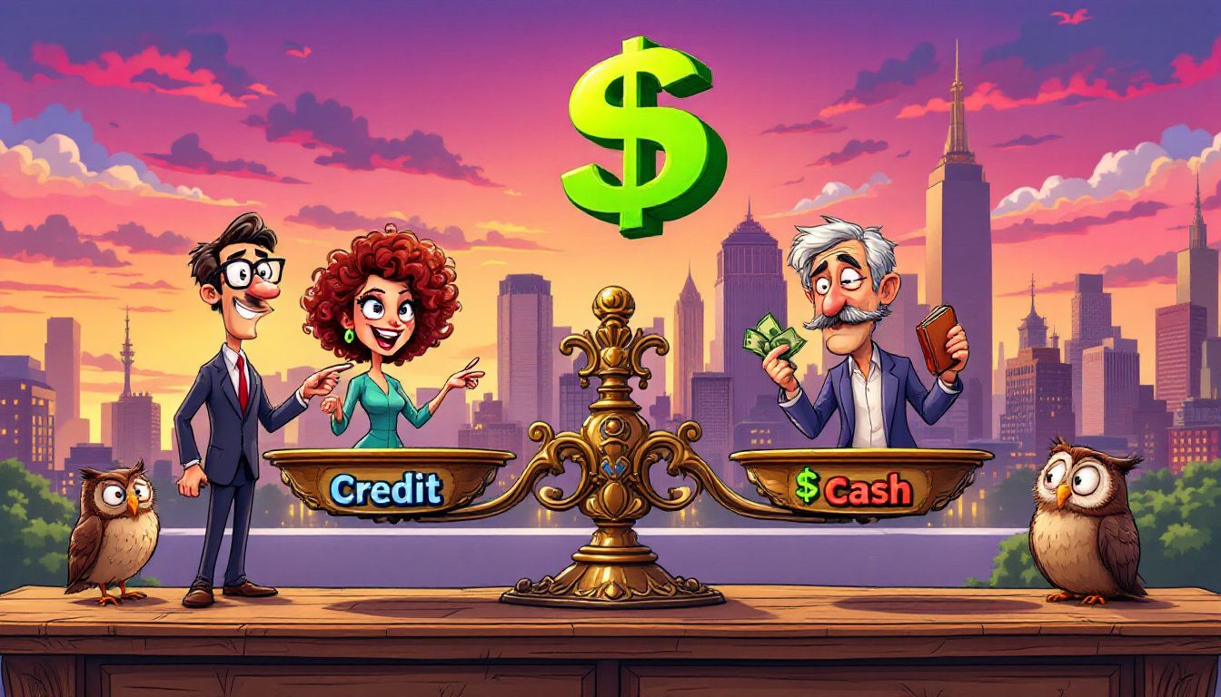An illustration of a balanced scale representing credit and cash in personal finance.