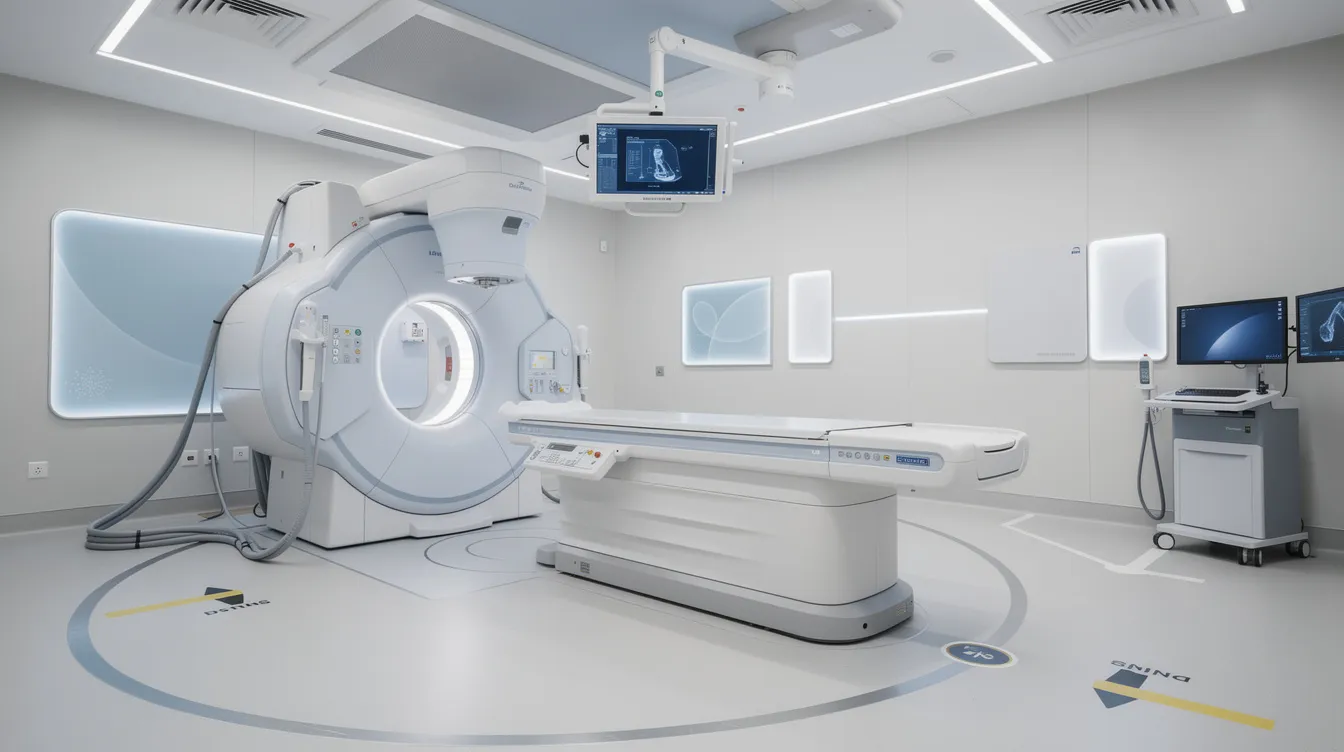 The image depicts advanced radiotherapy equipment in a modern hospital treatment room, showcasing the latest technology used for cancer treatment. This healthcare facility is designed to provide patients with effective treatment options while ensuring a comfortable environment.
