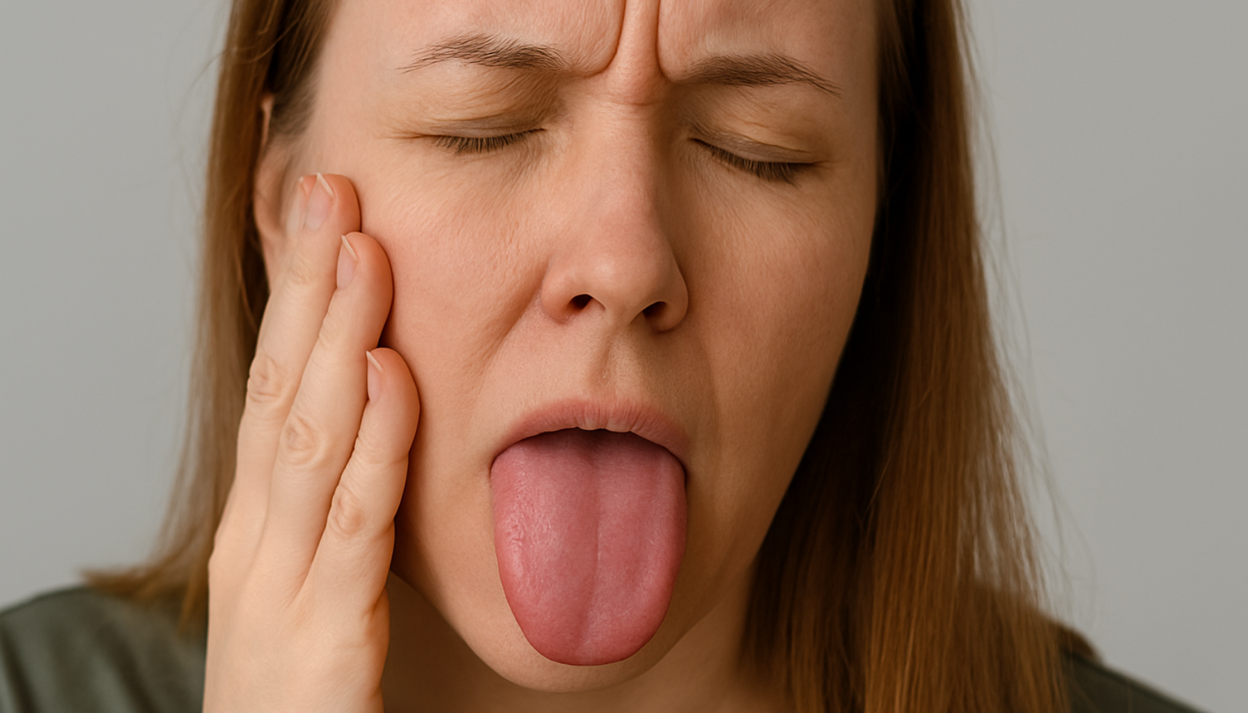 Kvinne med hendene mot ansiktet og lukket øye, tydelig plaget av ufrivillige rykninger i øyelokket.