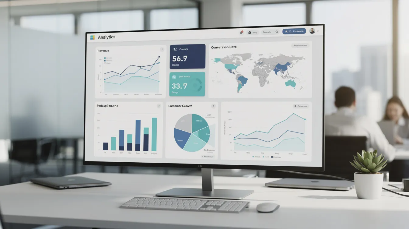 La imagen muestra un moderno panel de control de análisis empresarial que se visualiza en un monitor de gran tamaño en una oficina, en el que se presentan diversos indicadores del valor de marca, como los datos de ventas, el reconocimiento de marca y la fidelidad de los clientes. Este panel de control está diseñado para ayudar a las empresas a medir el rendimiento de la marca y a gestionar el valor de marca de forma eficaz.