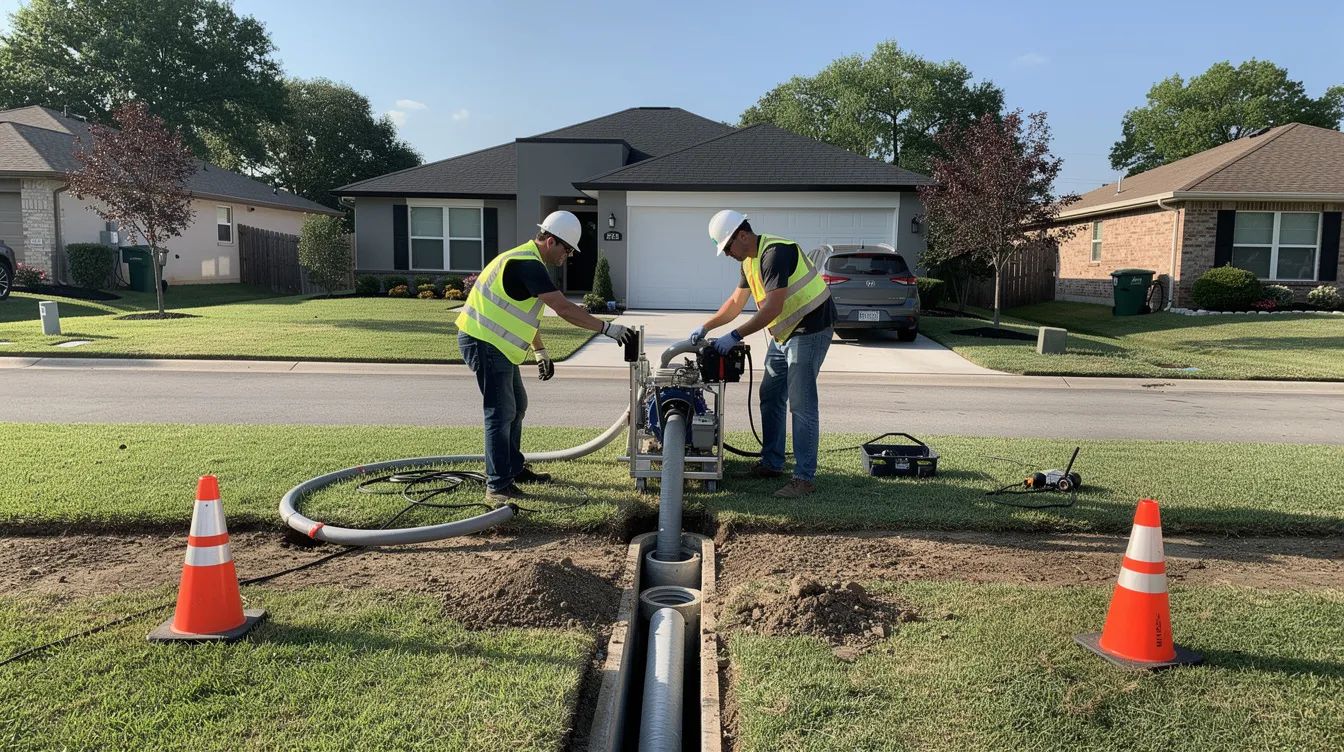 A crew is seen performing trenchless pipe lining repair in a suburban front yard, ensuring minimal ground disturbance while providing efficient plumbing services. The team is focused on completing the job quickly, demonstrating their commitment to same day service and quality maintenance for homeowners.