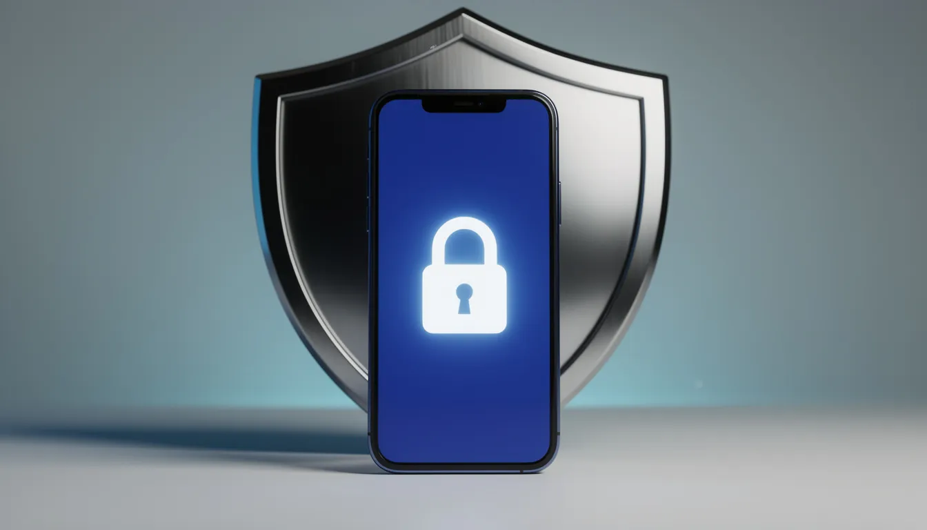 The image shows a smartphone with a prominent lock symbol, indicating security, set against a background featuring a security shield. This visual emphasizes the importance of protecting mobile devices from malicious software and spyware attacks that can compromise sensitive data.