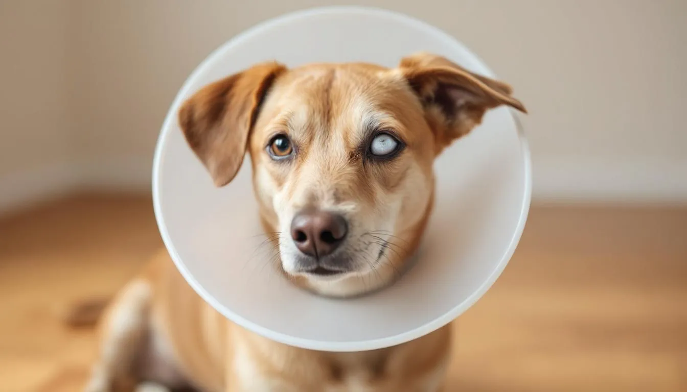 A dog is wearing an Elizabethan collar to prevent self-trauma while recovering from treatment for a corneal ulcer. The collar helps facilitate healing of the affected eye, protecting it from further injury during the recovery process.