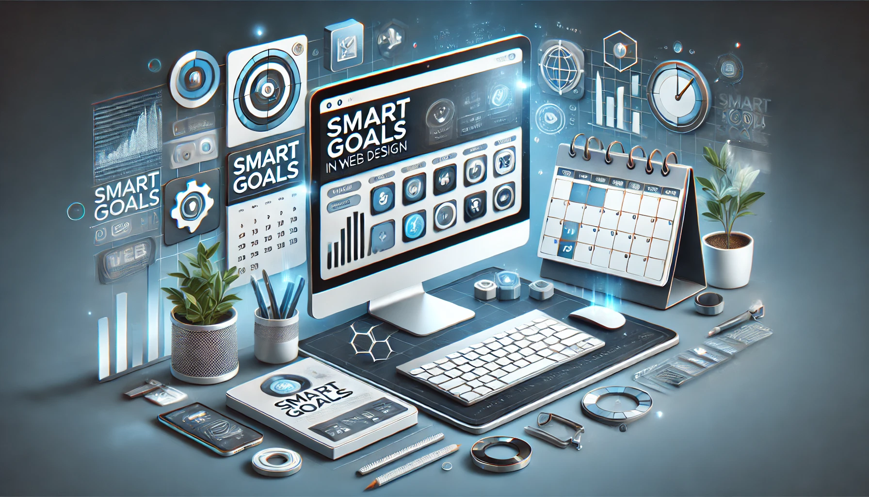 Oficina moderna con herramientas de diseño web y objetivos SMART destacados. | PosicionaDigital