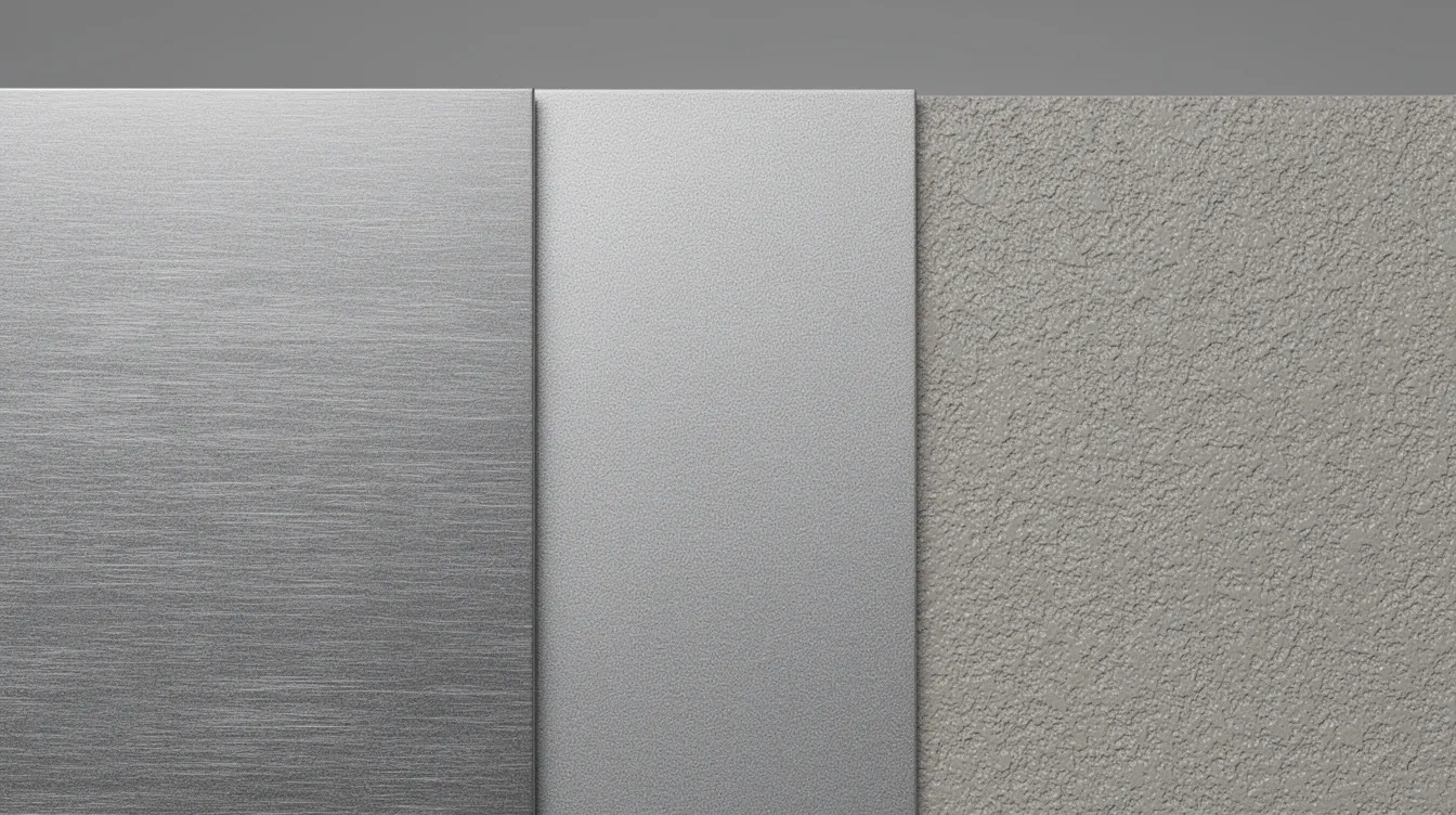 The image features a close-up view of various metal sheet samples, showcasing brushed stainless steel, anodized aluminum, and powder-coated steel surfaces arranged side by side. This display highlights the diverse finishes and textures available in custom sheet metal fabrication, emphasizing the quality and precision of sheet metal components.