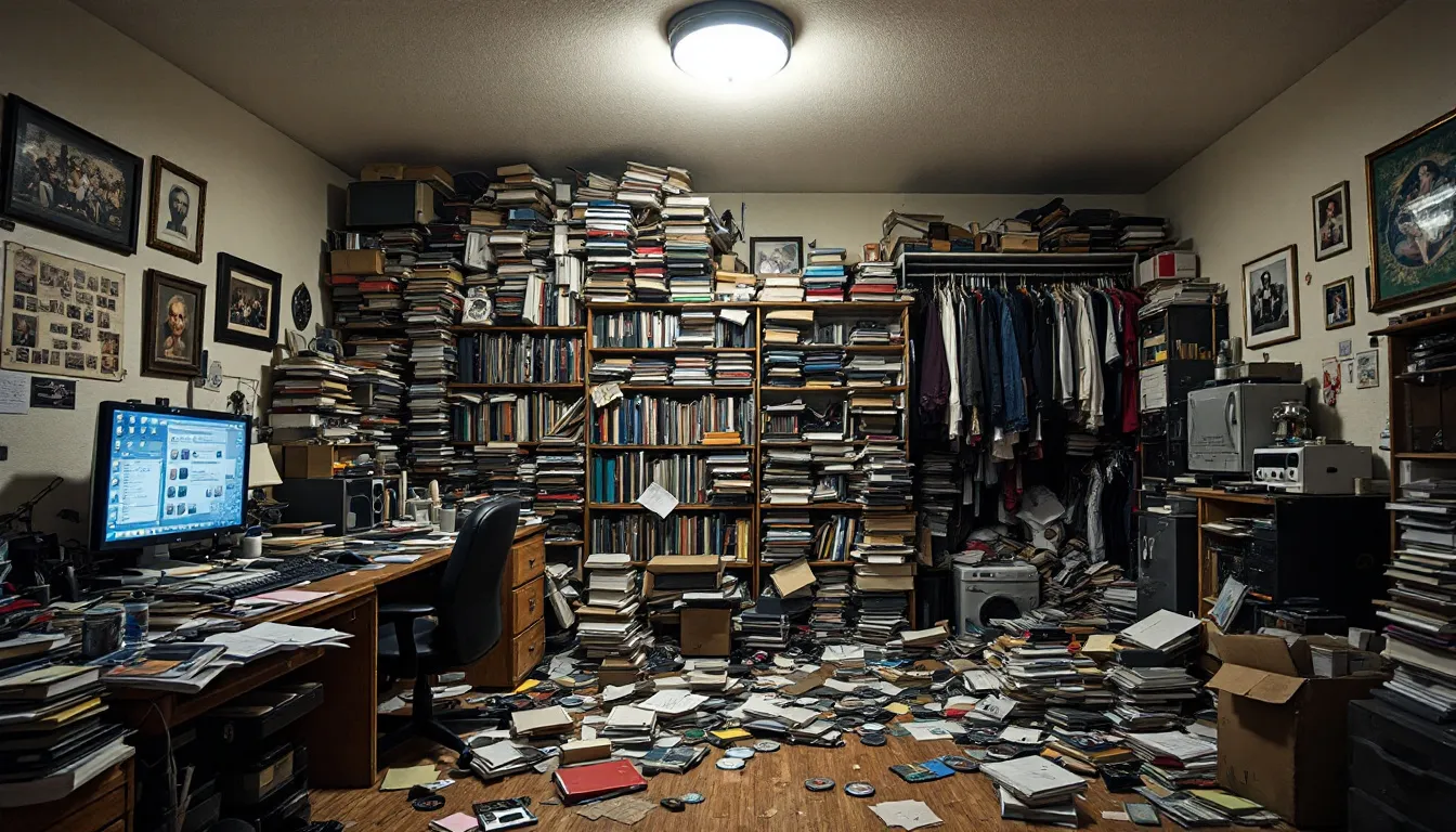 An overview of hoarding disorder, depicting a cluttered room.