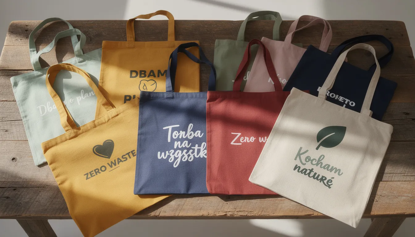 Na drewnianym stole rozłożone są różnokolorowe torby bawełniane z nadrukami, które wyróżniają się unikalną grafiką i estetycznym wyglądem. Te ekologiczne torby materiałowe są idealne na zakupy i oferują szeroki wybór modeli, które można dostosować do indywidualnych potrzeb klientów.