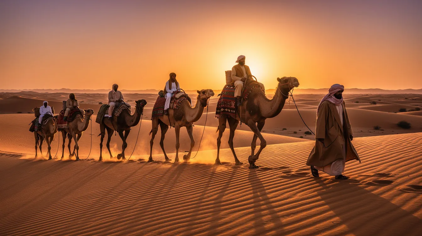 A camel caravan crosses the golden dunes of a desert at sunset, with travelers and a guide silhouetted against the vibrant sky. This scene evokes the spirit of adventure and exploration reminiscent of the ancient city of Fez, Morocco, known for its rich Moroccan heritage and traditional architecture.