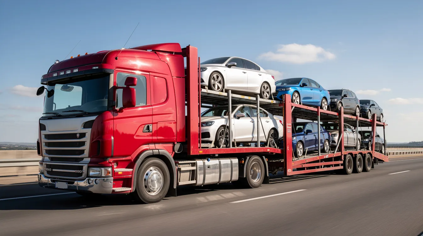 An open transport truck is loaded with multiple vehicles, showcasing a variety of cars ready for shipping. This image illustrates the car shipping process, highlighting the use of open carriers by reputable auto transport companies for efficient vehicle transport.