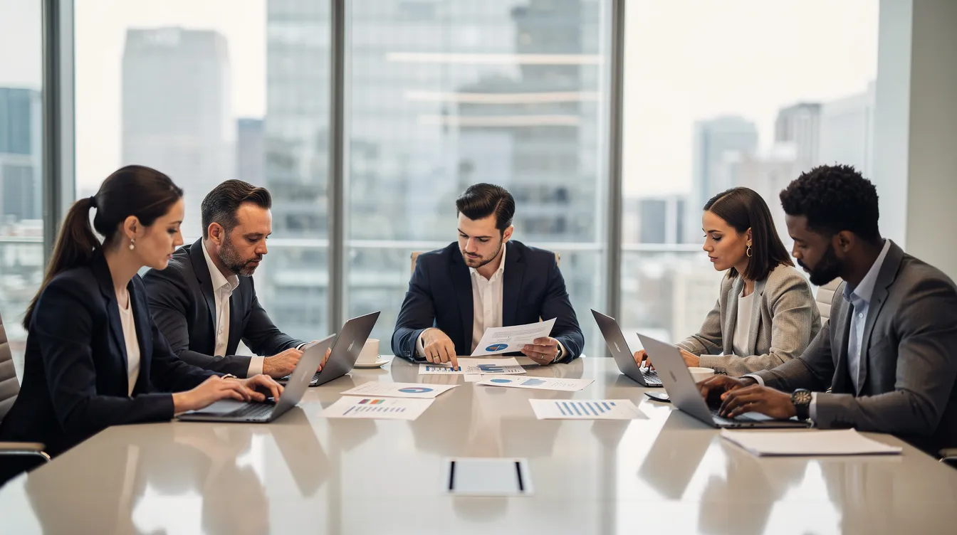 A professional team is gathered around a conference table, reviewing documents and discussing renewable energy projects with laptops open in front of them. The collaborative atmosphere suggests a focus on due diligence and ensuring regulatory compliance for successful project development in the energy sector.