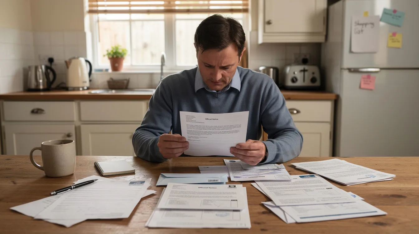 A person sits at a kitchen table in a UK home, reviewing official documents and letters related to their national insurance contributions and personal tax account. The scene suggests they are focused on understanding their employment status and preparing for their self-assessment tax return.