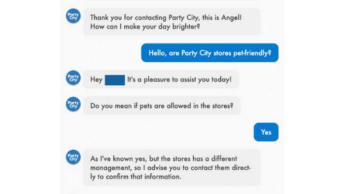 Text conversation with Party City support agent. 