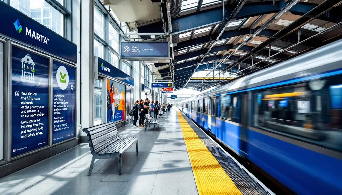 The image depicts a MARTA train station in Atlanta, showcasing the transit system's infrastructure designed to serve the city and surrounding counties. The station is bustling with passengers, highlighting the importance of public services and transportation in generating revenue and facilitating economic transactions in the area.