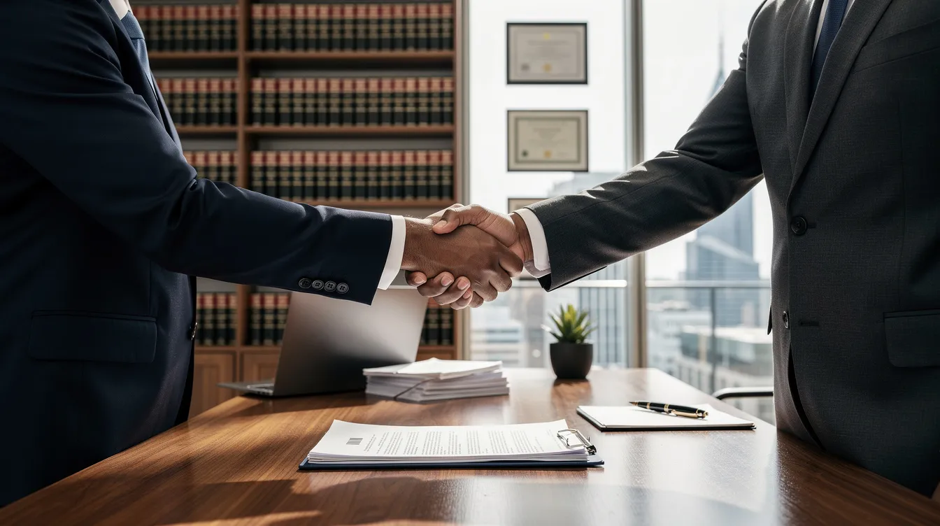 The image depicts two professionals shaking hands across a desk in a modern law office, symbolizing a successful partnership in navigating immigration law, such as the E2 visa renewal process for treaty investors. The setting conveys a sense of professionalism and collaboration, essential for discussing substantial investments and business operations.
