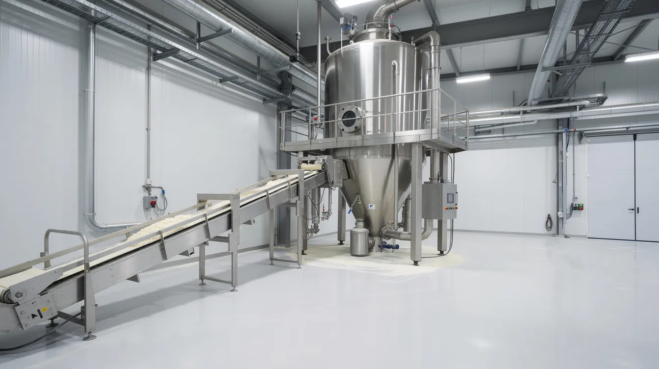 89e455fe 1841 458e b895 be25f0ff89bf The image depicts an industrial spray drying tower within a clean dairy factory, showcasing conveyor systems that facilitate the efficient processing of liquid whey into high-value whey protein concentrates and isolates. This advanced whey processing technology is essential for producing functional and nutritional beverages in the food industry.