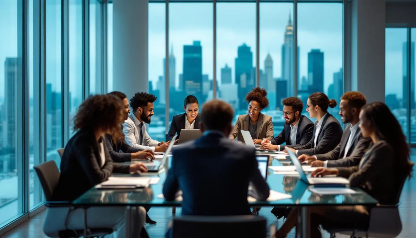 A diverse team of business professionals is collaborating around a modern conference table, discussing their marketing strategy to align their efforts with broader business goals. They are focused on defining measurable marketing objectives that will drive sales and enhance customer engagement.