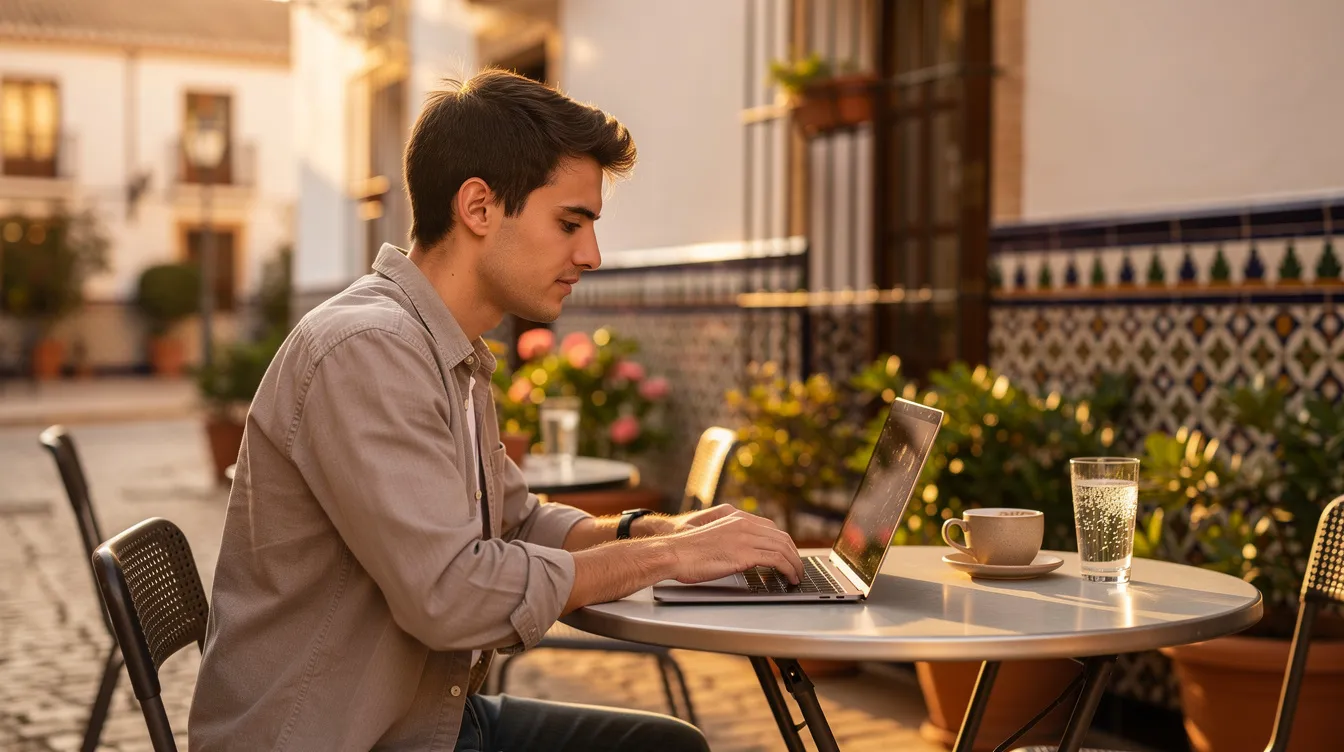 A young professional sits at a table in a sunny Spanish café, focused on their laptop while enjoying the vibrant atmosphere around them. This scene captures the essence of a digital nomad lifestyle, reflecting the appeal of Spain for those interested in acquiring Spanish nationality or exploring opportunities for residency permits as many Colombians seek to establish legal residency in European countries.