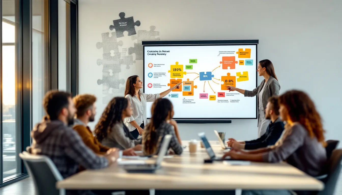 A team engaging in discussions to embed change within company culture.
