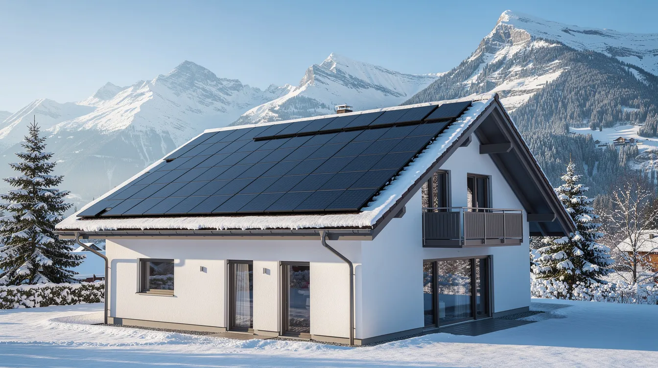 Die moderne Solaranlage auf dem Dach eines Einfamilienhauses in der Schweiz wird von einer beeindruckenden Kulisse verschneiter Berge umgeben. Diese Installation symbolisiert die Bemühungen um eine nachhaltige Energieversorgung in Zeiten der Energiekrise und trägt zur Reduzierung der Energiepreise sowie zur Sicherstellung der Stromversorgung bei.