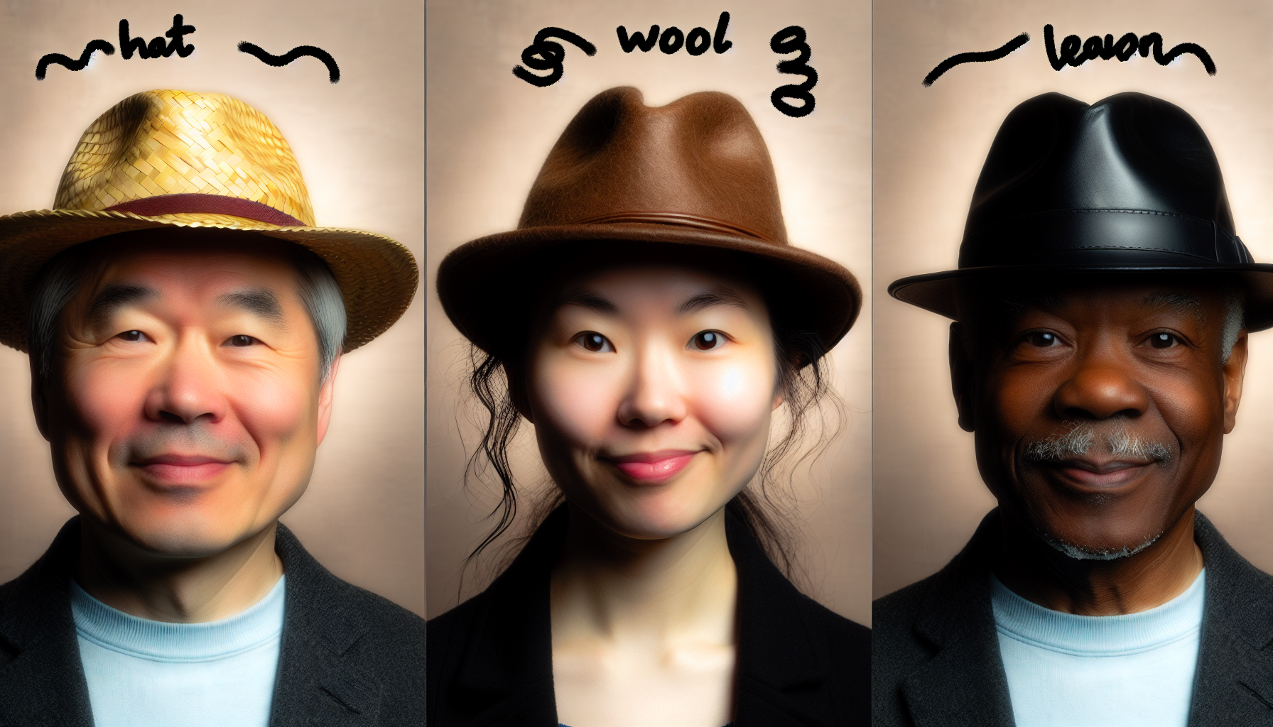 Comparison of hat materials: straw, wool felt, and leather