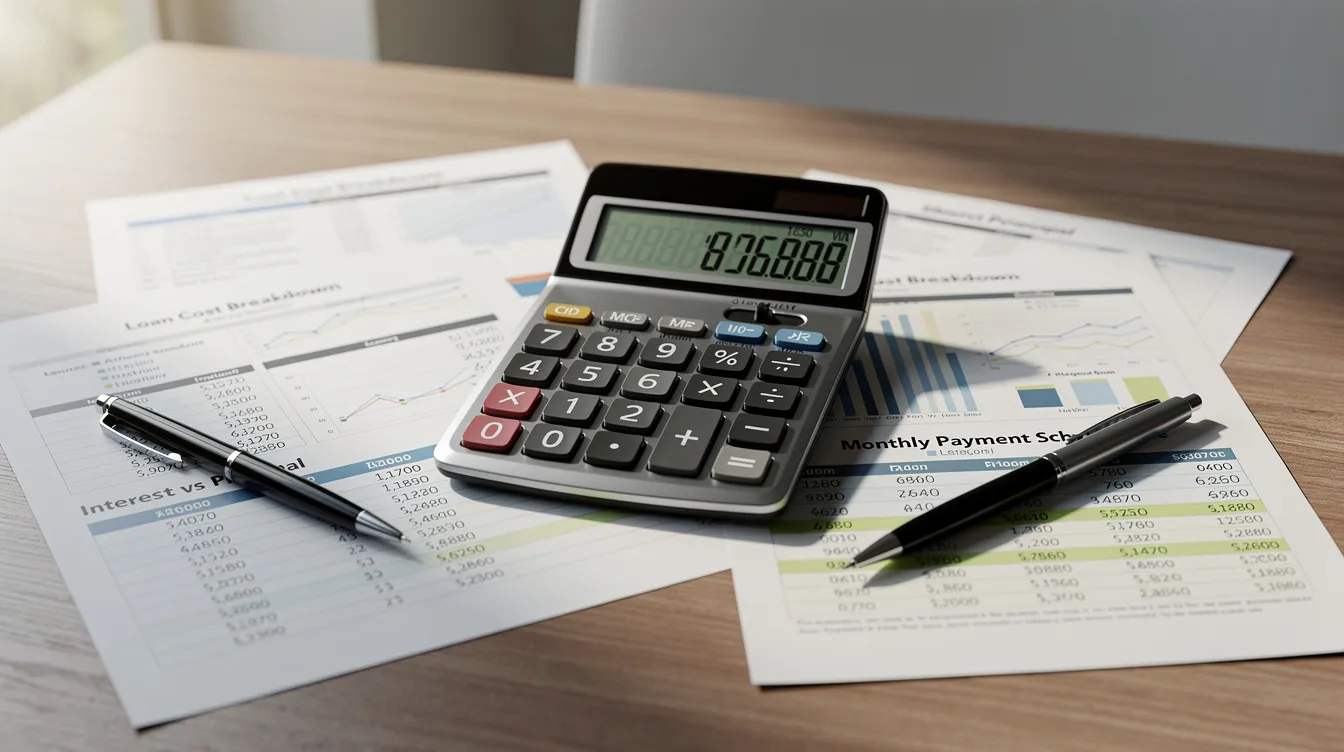The image features a calculator alongside various financial documents, symbolizing the process of loan cost calculations. These documents may include details such as the actual annual interest rate (實際 年 利率) and repayment terms, essential for understanding online loan applications (網上 貸款).