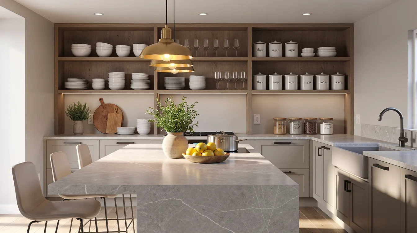 This image showcases an elegant kitchen with a spacious stone island, warm ambient lighting, and open shelving that features organized storage for kitchen essentials. The design reflects a modern kitchen renovation, emphasizing functionality and style, perfect for a dream kitchen makeover.