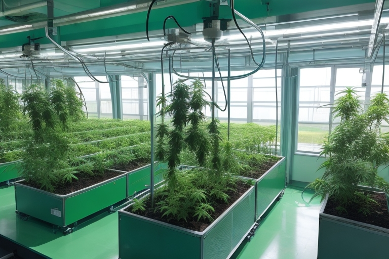 Image of hydroponic systems with cannabis plants and nutrient solution in a controlled environment