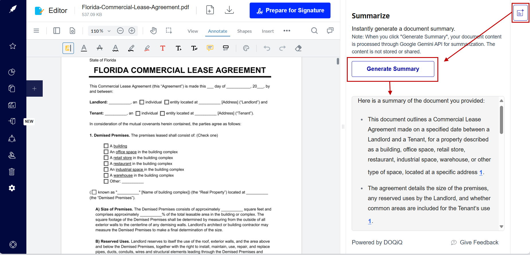 Generating summary for a lease agreement using Xodo Sign AI
