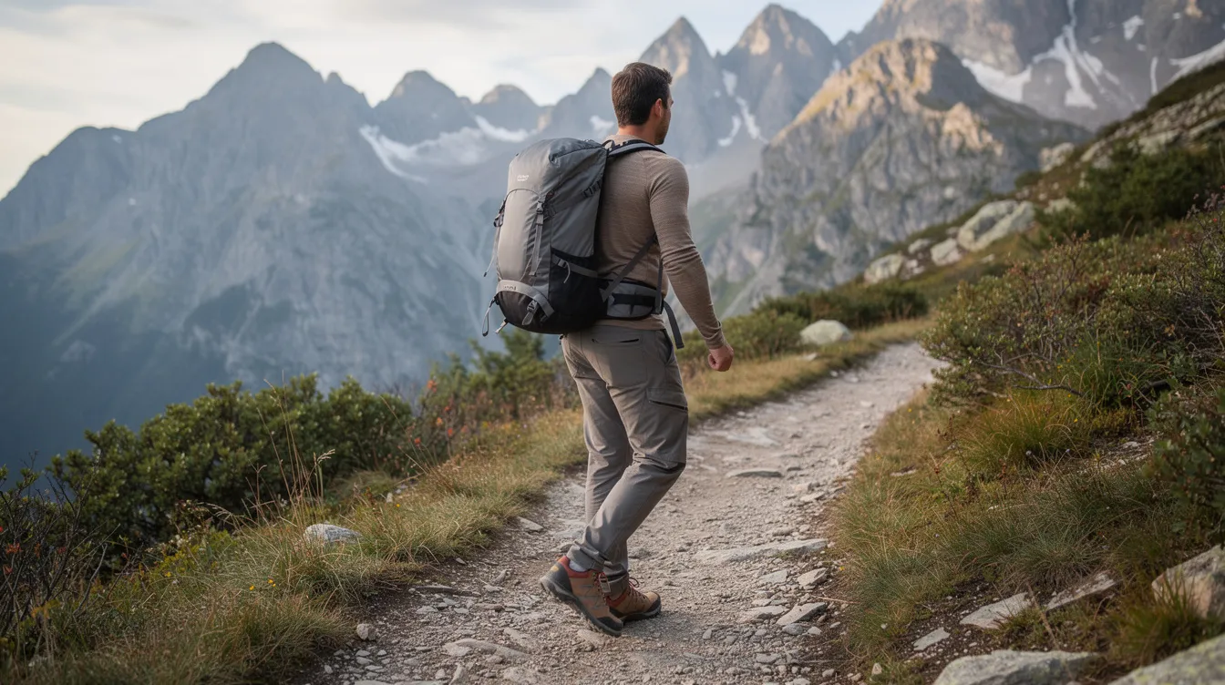 A person is hiking along a rugged mountain trail, wearing a lightweight long-sleeve merino wool base layer that provides moisture-wicking and temperature-regulating benefits. They carry a backpack, showcasing the practicality of merino wool garments for outdoor activities in varying weather conditions.