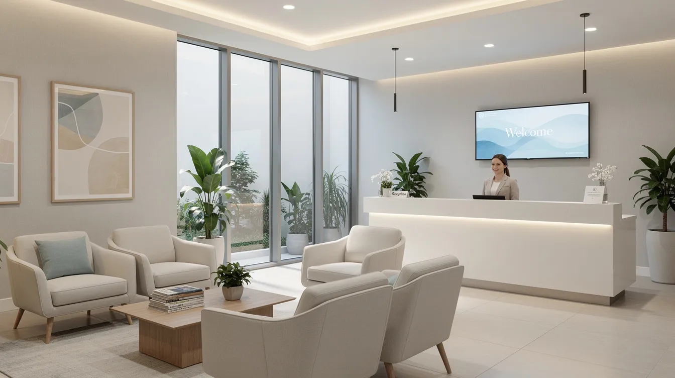 The image depicts a welcoming modern clinic lobby featuring soft lighting, designed to create a calming atmosphere for patients seeking aesthetic treatments such as the liquid BBL. The space is inviting, reflecting the clinic's focus on non-surgical options and natural-looking results for procedures like dermal fillers and butt lifts.