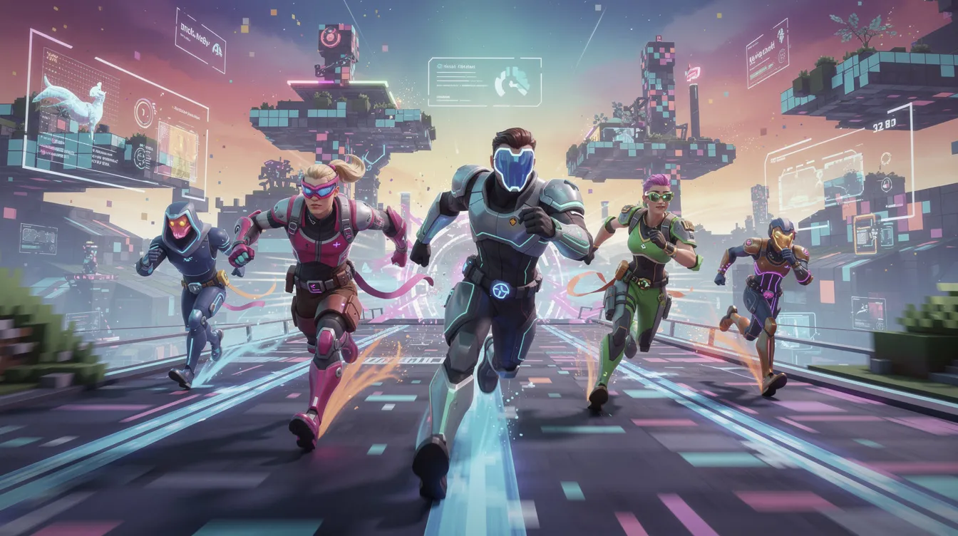 The image features colorful game avatars sprinting through a vibrant digital world filled with imaginative landscapes, showcasing the excitement of popular Roblox games. Players are engaging in fun activities, highlighting the interactive nature of these virtual environments.