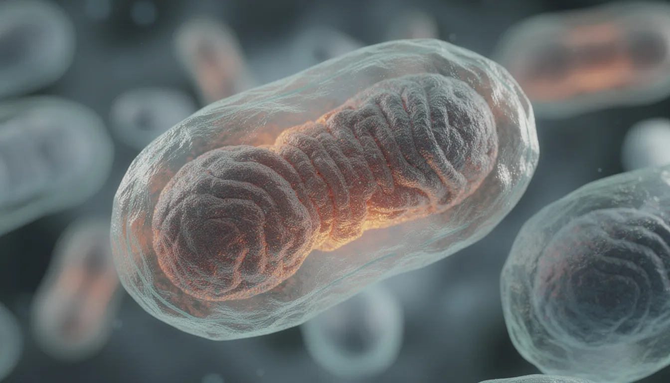 The image depicts a close-up view of mitochondria within a cell, highlighting the intricate internal membrane structures responsible for energy production, which is essential for maintaining heart health and combating conditions like heart disease and mitochondrial dysfunction. This visual representation emphasizes the critical role of mitochondria in cellular function and energy metabolism, relevant to discussions around dietary supplements such as coenzyme Q10 (CoQ10) and their potential health benefits.