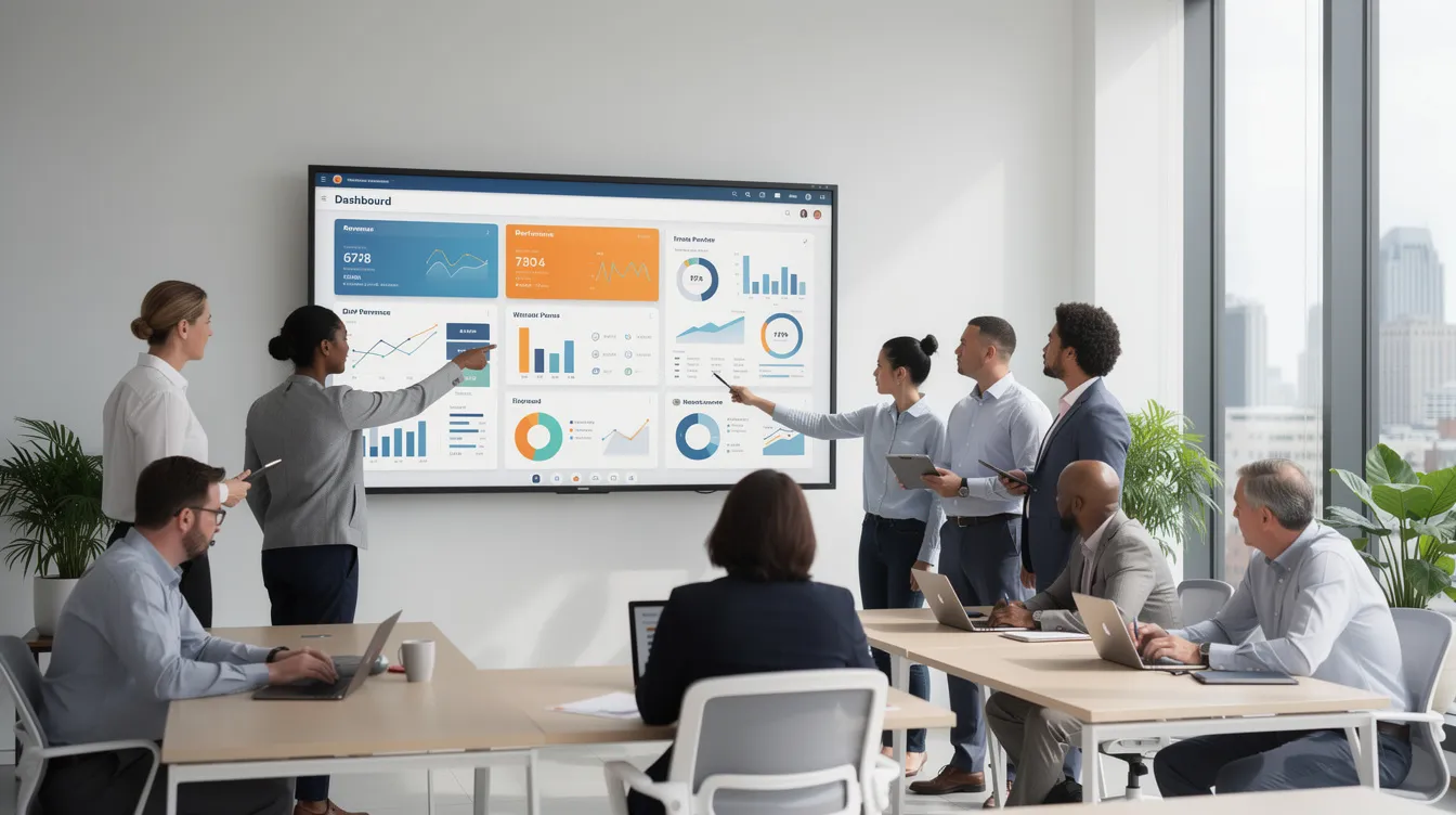 A diverse team is gathered in a bright, modern office, intently reviewing analytics dashboards displayed on a large screen. They are analyzing data to improve customer service through advanced AI chatbots and conversational interfaces, aiming to enhance user interactions and customer satisfaction.